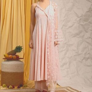 Baby Pink Cotton kurta, Palazzo & Net Dupatta